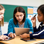 **Individualized learning path:** A diverse group of students using tablets and laptops in a modern, brightly lit classroom. Each student is engaged with different learning activities, some watching videos, some solving problems, and some collaborating on a project. The overall atmosphere is positive and focused, emphasizing personalized learning.