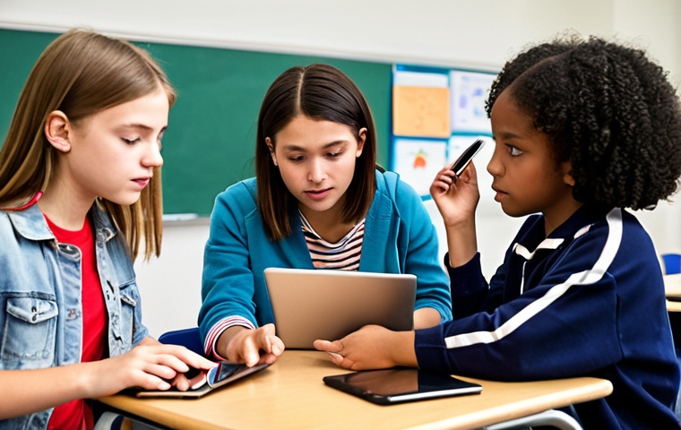 **Individualized learning path:** A diverse group of students using tablets and laptops in a modern, brightly lit classroom. Each student is engaged with different learning activities, some watching videos, some solving problems, and some collaborating on a project. The overall atmosphere is positive and focused, emphasizing personalized learning.
