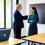 A diverse group of students, fully clothed in appropriate, modest attire, deeply engaged with adaptive learning platforms on tablets and laptops in a bright, modern classroom. An empowered female teacher, professionally dressed, is guiding a student with a gentle gesture, looking at an AI-driven feedback visualization on a large screen. The scene emphasizes personalized learning and the supportive role of the educator. Professional photography, high resolution, soft natural lighting, clean lines, professional dress, safe for work, appropriate content, perfect anatomy, correct proportions, natural pose, well-formed hands, proper finger count, natural body proportions, family-friendly.