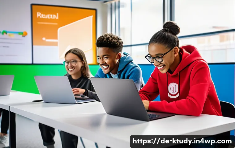 효과적인 온라인 수업 운영 전략 - **Gamified Online Learning Experience:** A vibrant, high-angle shot of a diverse group of young adul...