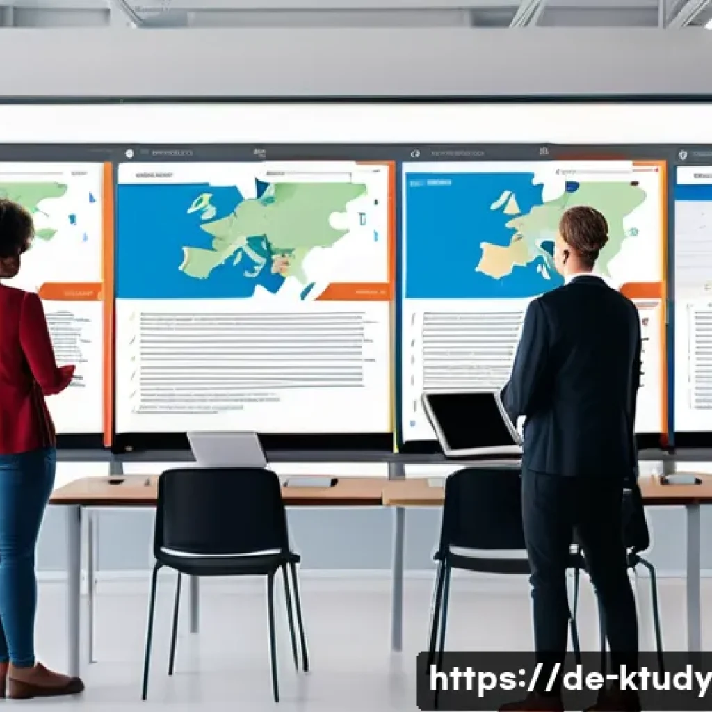 디지털 학습 환경의 기술적 요소 - A modern digital classroom scene set in Germany, showing diverse adult learners using laptops and ta...