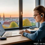 Home 19 디지털 학습에서의 자율 학습 증진 방법 - A cozy modern home office setting in Germany during early morning light, featuring a young adult wom...