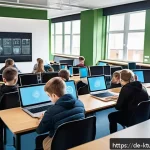 Home 18 디지털 학습 환경에서의 데이터 보안 - A modern German digital classroom scene showing a diverse group of teachers and students engaged wit...