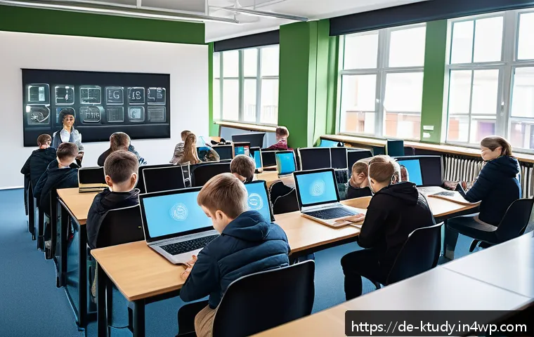 디지털 학습 환경에서의 데이터 보안 - A modern German digital classroom scene showing a diverse group of teachers and students engaged wit...