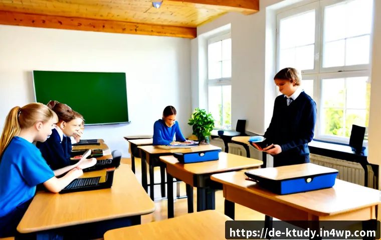 디지털 학습 환경에서의 혁신적 아이디어 - Photorealistic modern German secondary school classroom demonstrating innovative digital learning, d...
